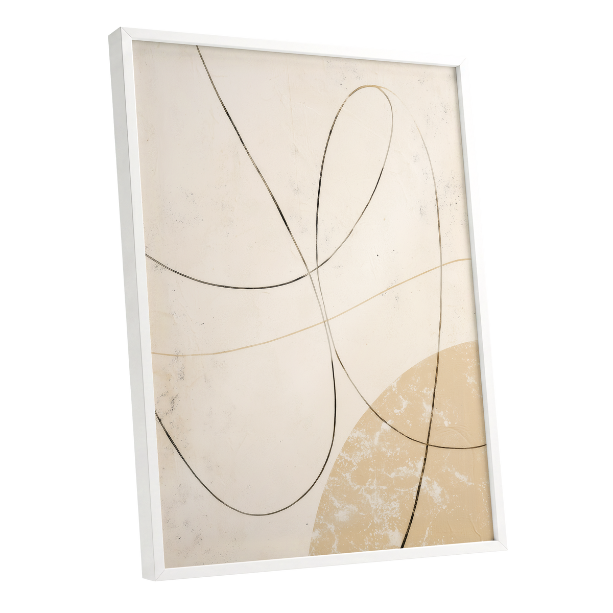 Quiet Loops, white, beige, black minimalist wall art shown as a white framed poster wall art print