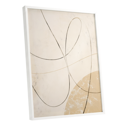 Quiet Loops, white, beige, black minimalist wall art shown as a white framed poster wall art print
