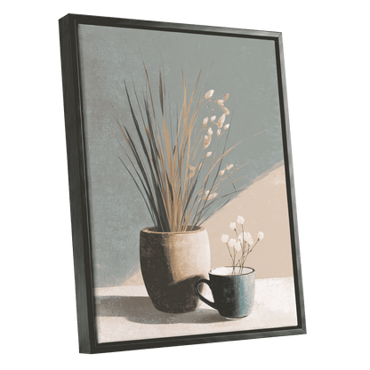 Quiet Meadow Still Life, gray, beige, brown nature wall art shown as a black framed canvas wall art