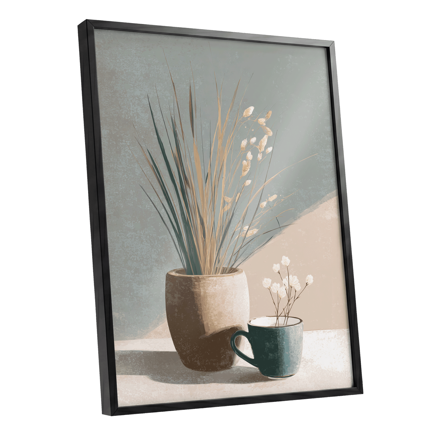 Quiet Meadow Still Life, gray, beige, brown nature wall art shown as a black framed poster wall art print