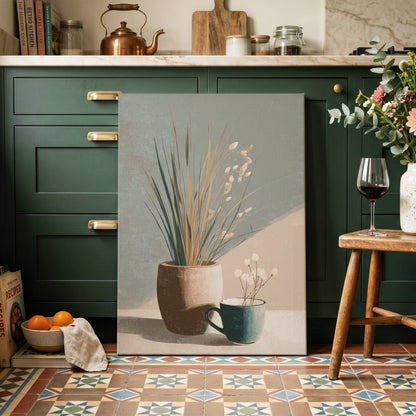Quiet Meadow Still Life, gray, beige, brown nature wall art on canvas displayed in a styled interior, gallery view 1