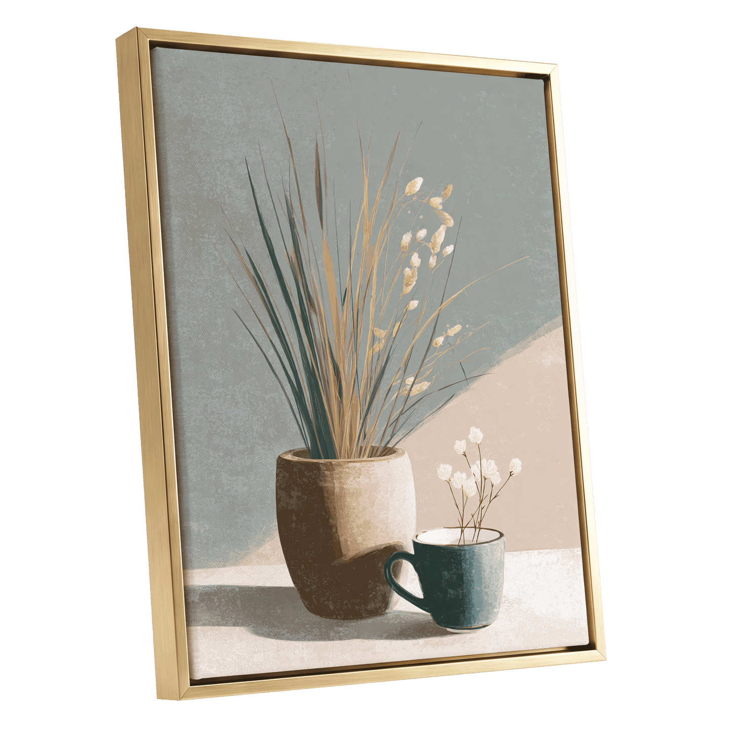 Quiet Meadow Still Life, gray, beige, brown nature wall art shown as a gold framed canvas wall art