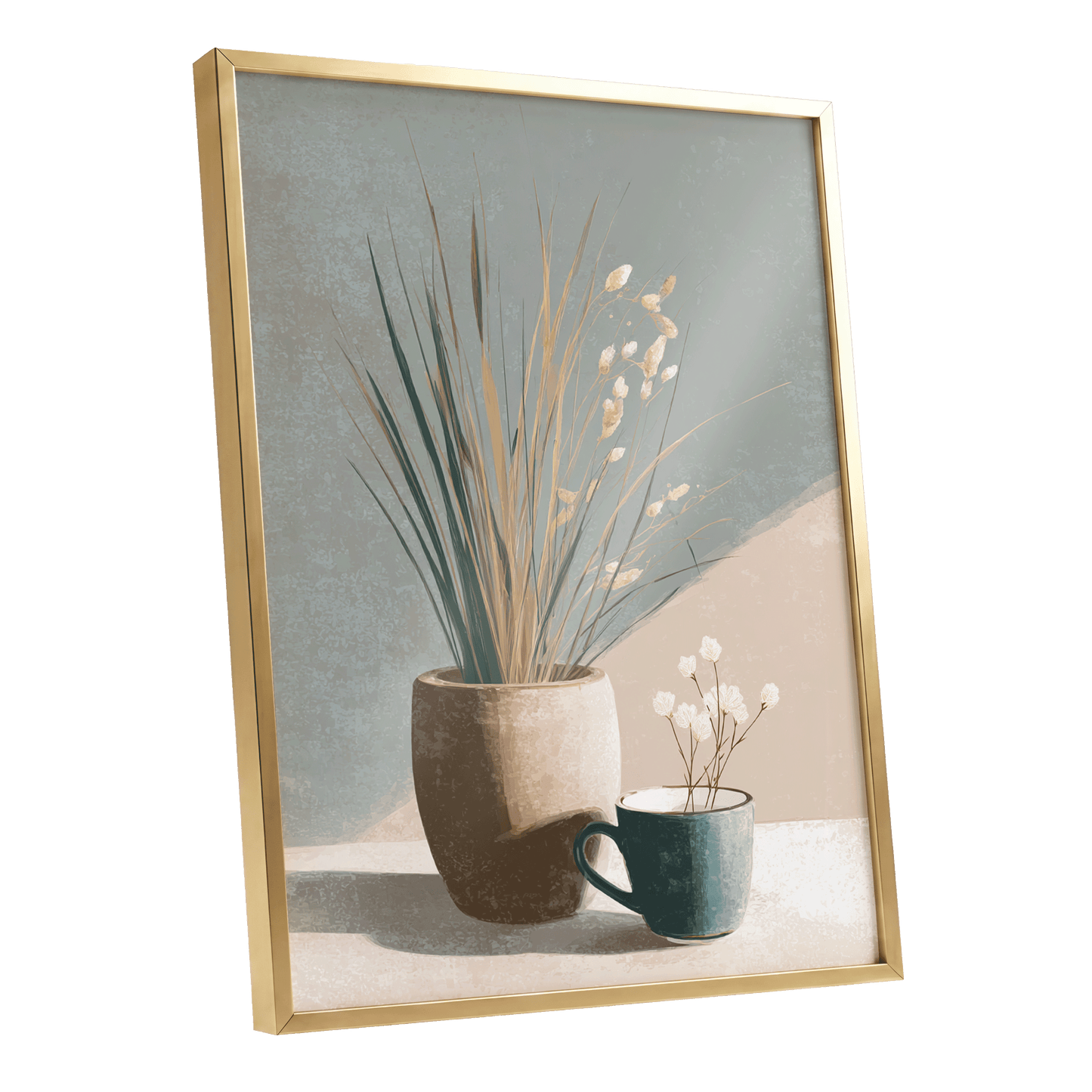 Quiet Meadow Still Life, gray, beige, brown nature wall art shown as a gold framed poster wall art print