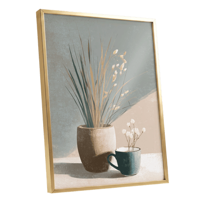 Quiet Meadow Still Life, gray, beige, brown nature wall art shown as a gold framed poster wall art print