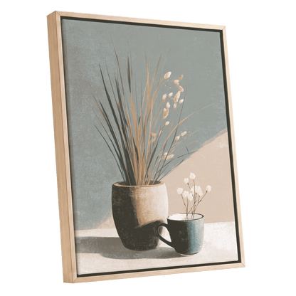 Quiet Meadow Still Life, gray, beige, brown nature wall art shown as a oak framed canvas wall art