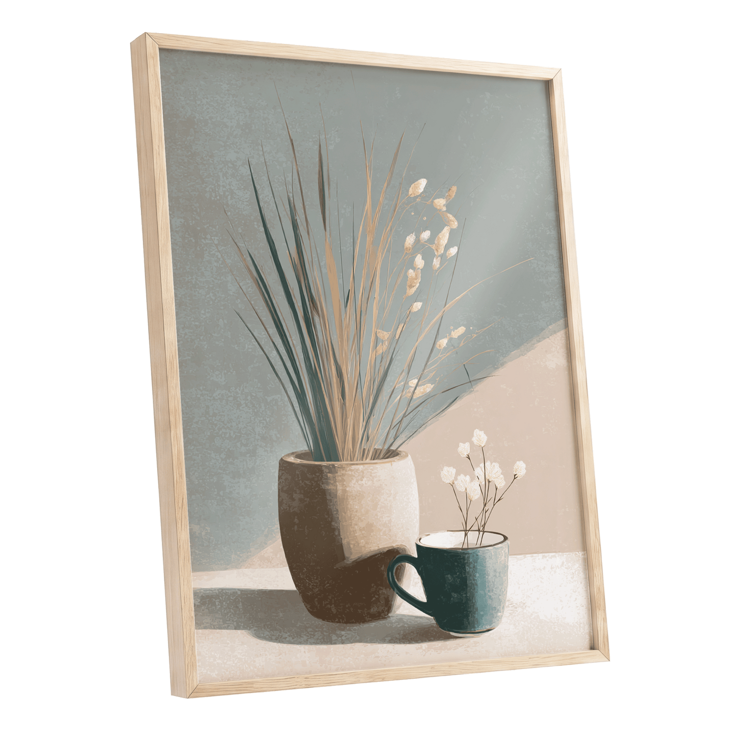 Quiet Meadow Still Life, gray, beige, brown nature wall art shown as a oak framed poster wall art print