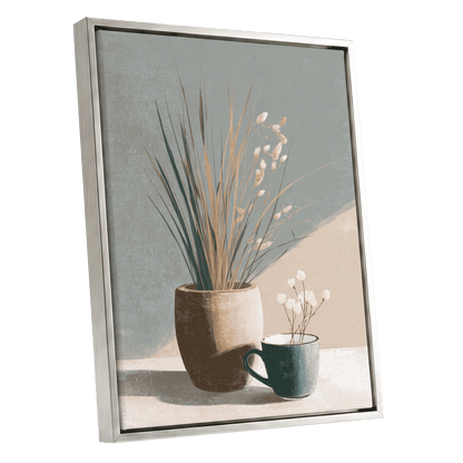 Quiet Meadow Still Life, gray, beige, brown nature wall art shown as a silver framed canvas wall art