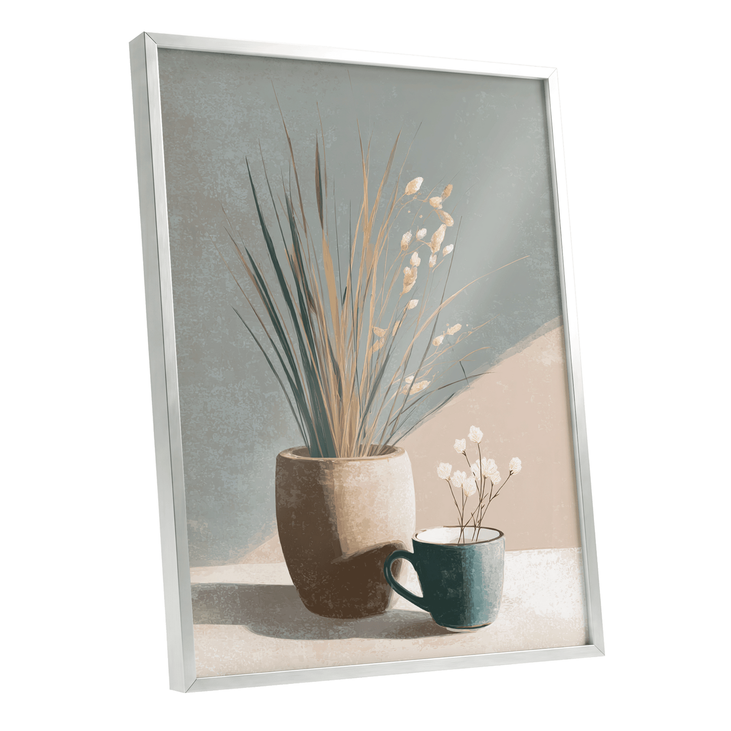 Quiet Meadow Still Life, gray, beige, brown nature wall art shown as a silver framed poster wall art print