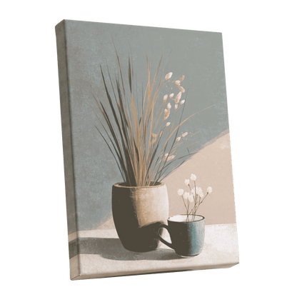 Quiet Meadow Still Life, gray, beige, brown nature wall art shown as a stretched canvas wall art