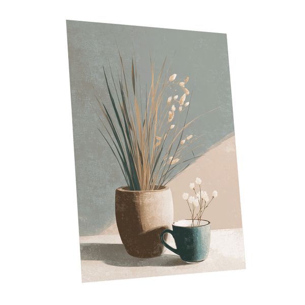 Quiet Meadow Still Life, gray, beige, brown nature wall art shown as a unframed poster wall art print