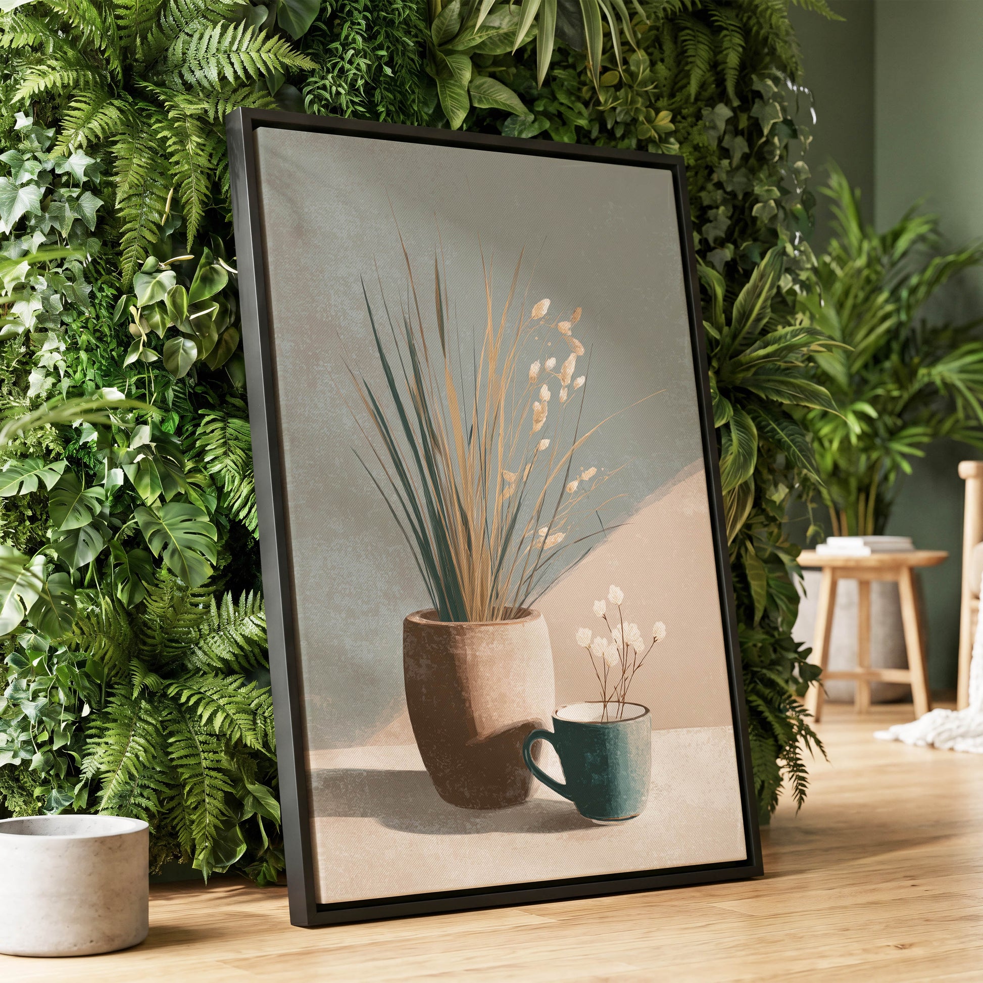 Quiet Meadow Still Life, gray, beige, brown nature wall art displayed in a styled interior, gallery view 1