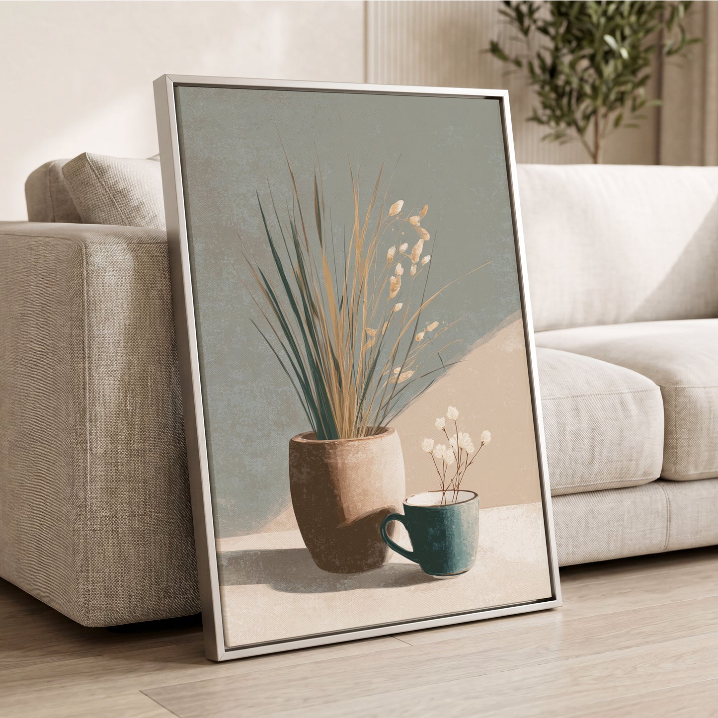 Quiet Meadow Still Life, gray, beige, brown nature wall art displayed in a styled interior, gallery view 2