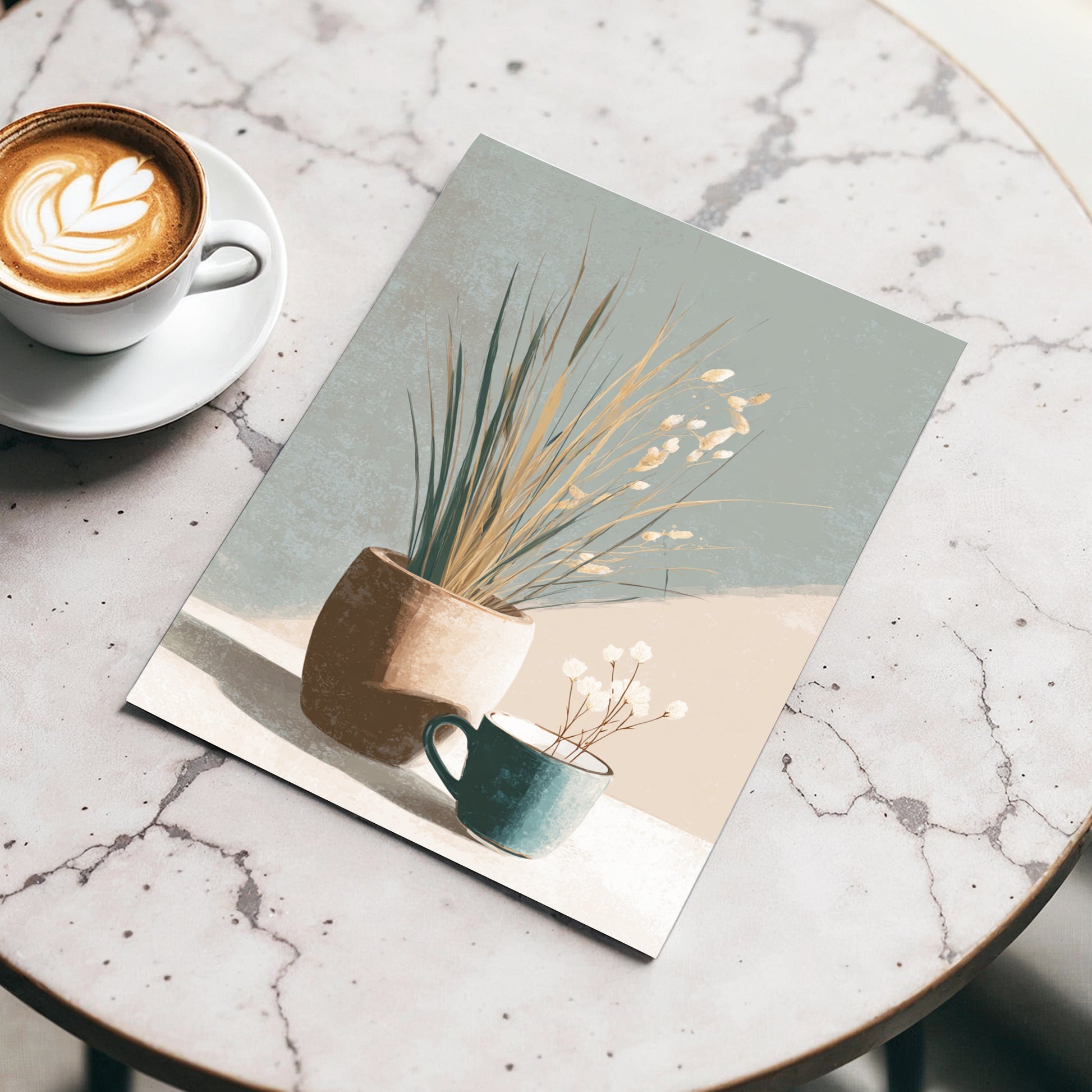 Quiet Meadow Still Life, gray, beige, brown nature wall art displayed in a styled interior, gallery view 3