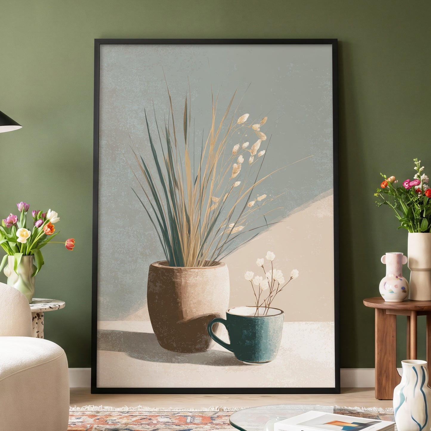 Quiet Meadow Still Life, gray, beige, brown nature wall art displayed in a styled interior, gallery view 4