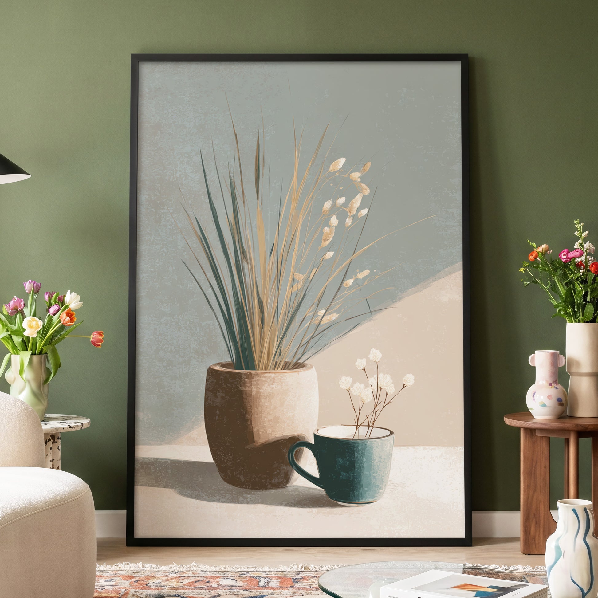 Quiet Meadow Still Life, gray, beige, brown nature wall art displayed in a styled interior, gallery view 4