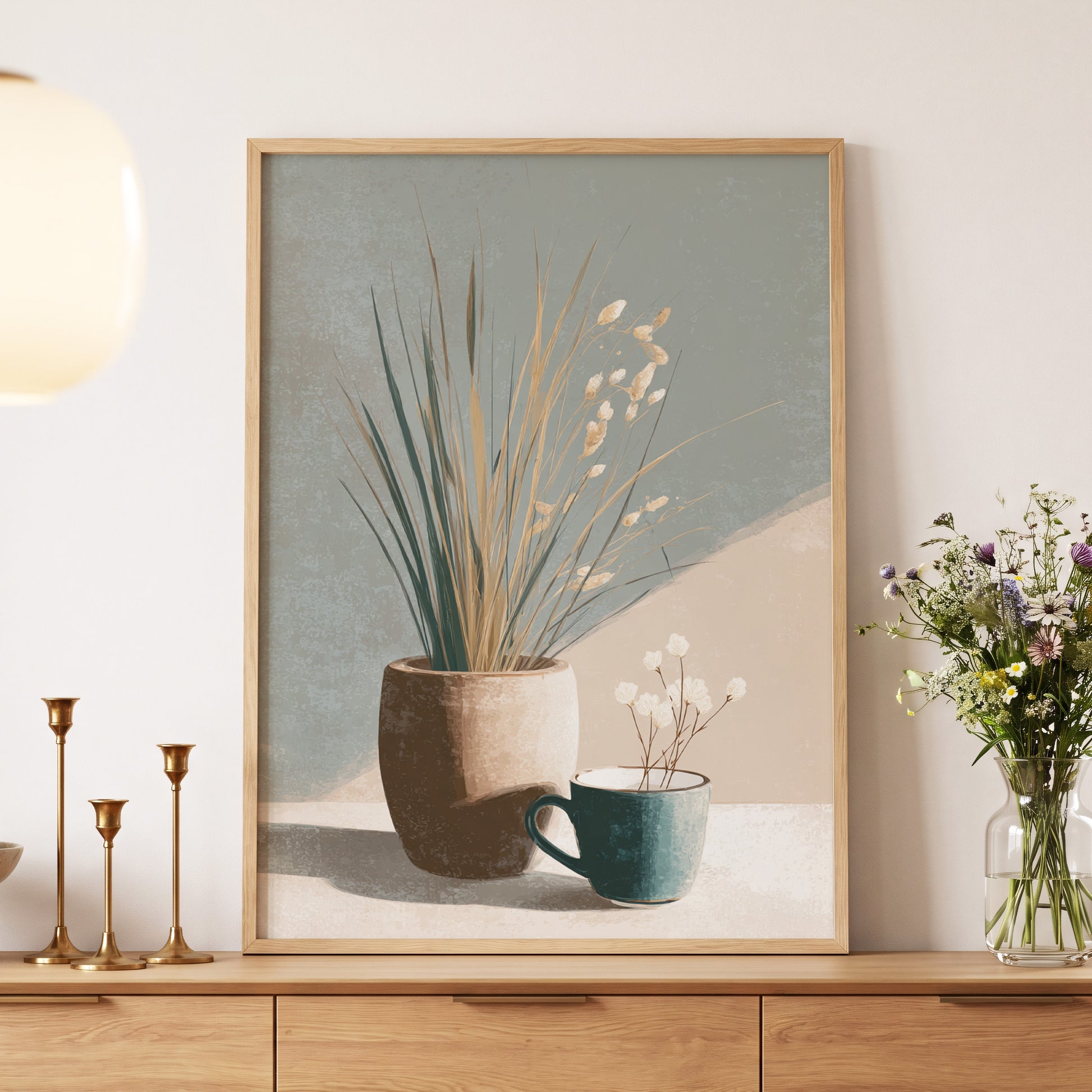 Quiet Meadow Still Life, gray, beige, brown nature wall art displayed in a styled interior, gallery view 5