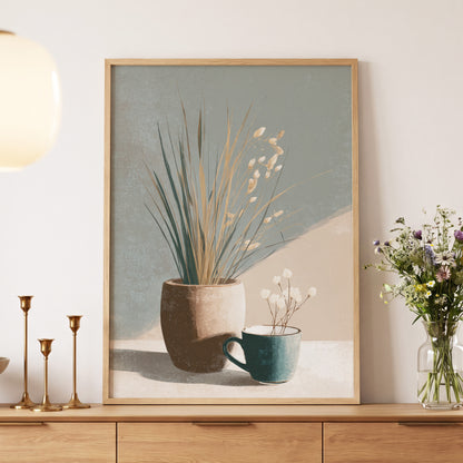 Quiet Meadow Still Life, gray, beige, brown nature wall art displayed in a styled interior, gallery view 5