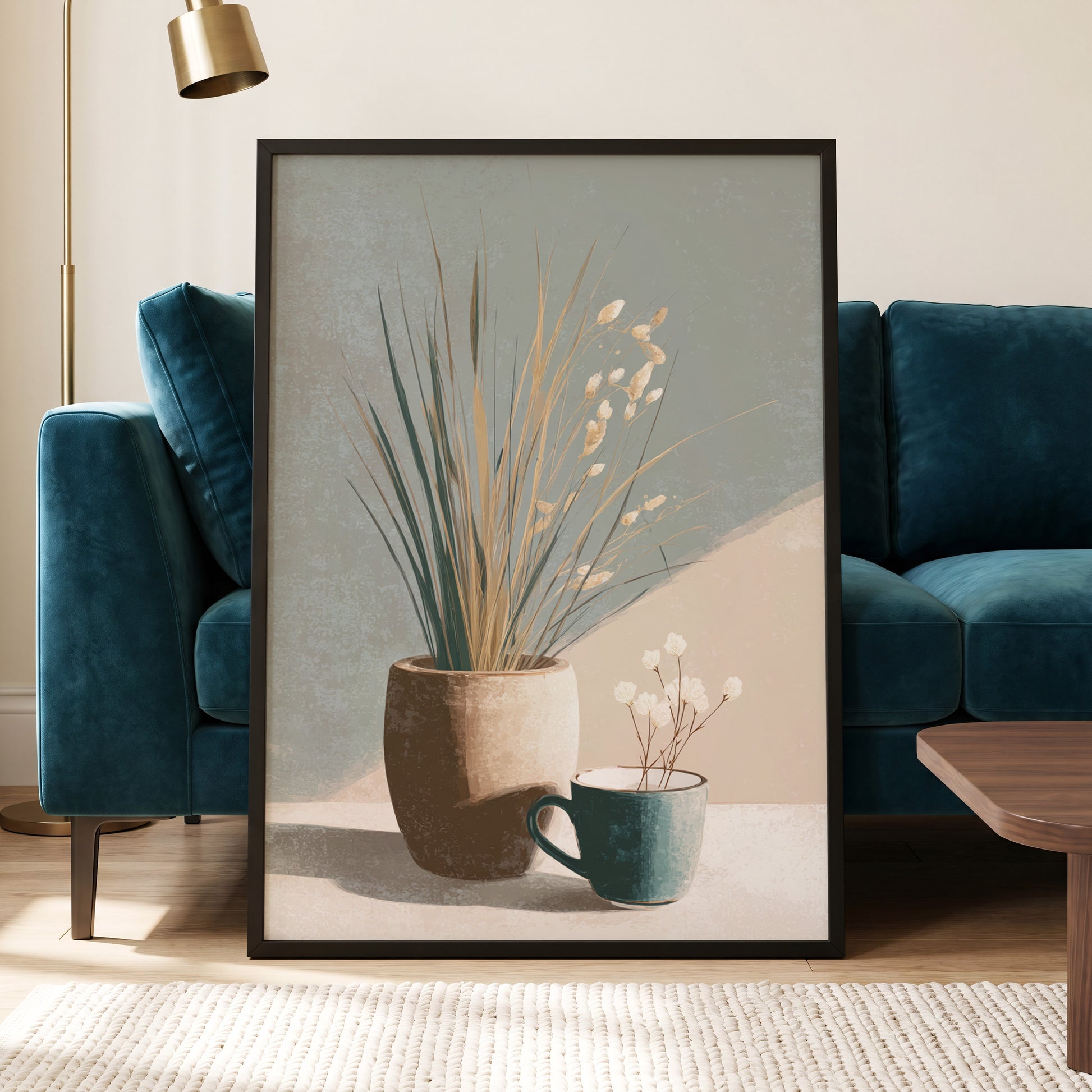 Quiet Meadow Still Life, gray, beige, brown nature wall art displayed in a styled interior, gallery view 6