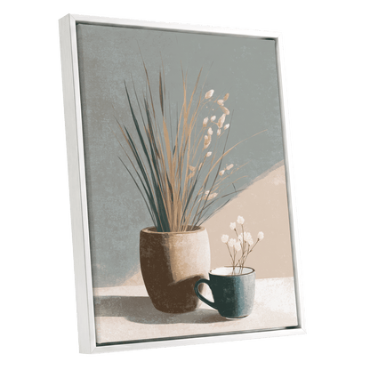 Quiet Meadow Still Life, gray, beige, brown nature wall art shown as a white framed canvas wall art