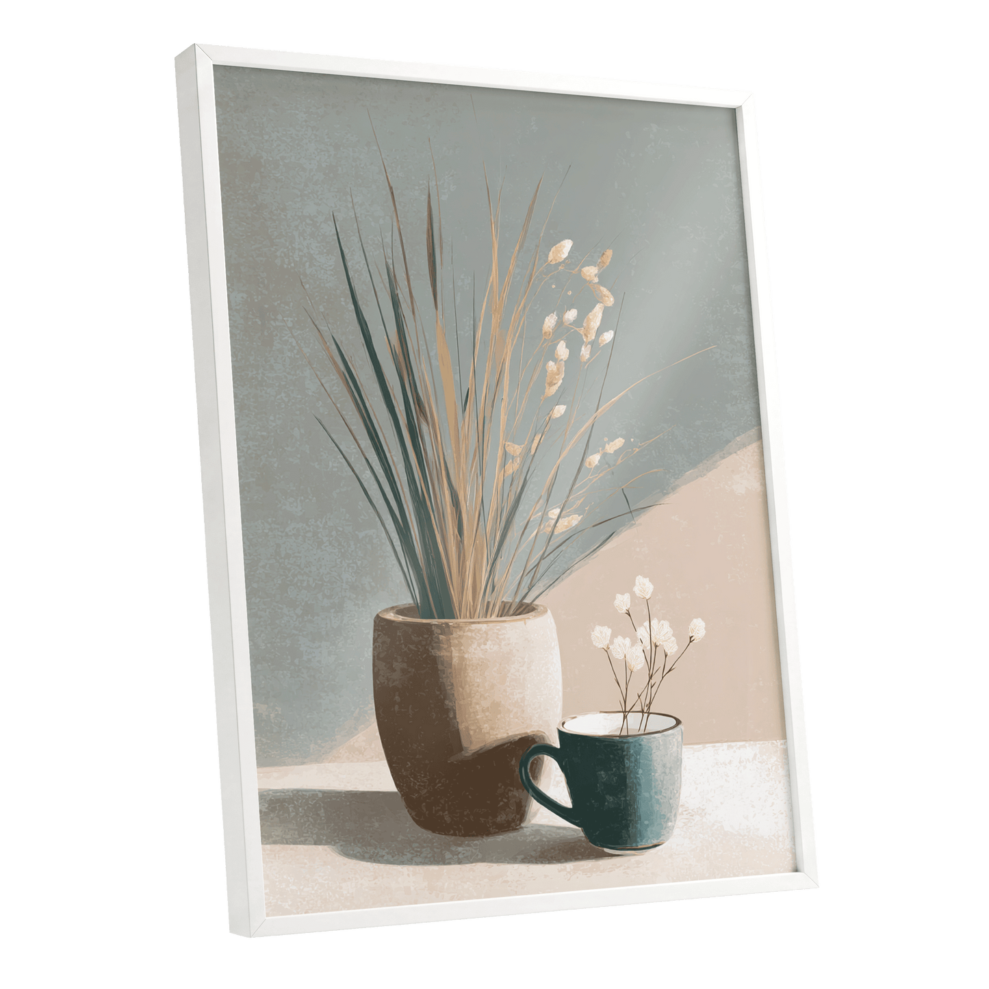 Quiet Meadow Still Life, gray, beige, brown nature wall art shown as a white framed poster wall art print