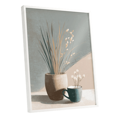 Quiet Meadow Still Life, gray, beige, brown nature wall art shown as a white framed poster wall art print