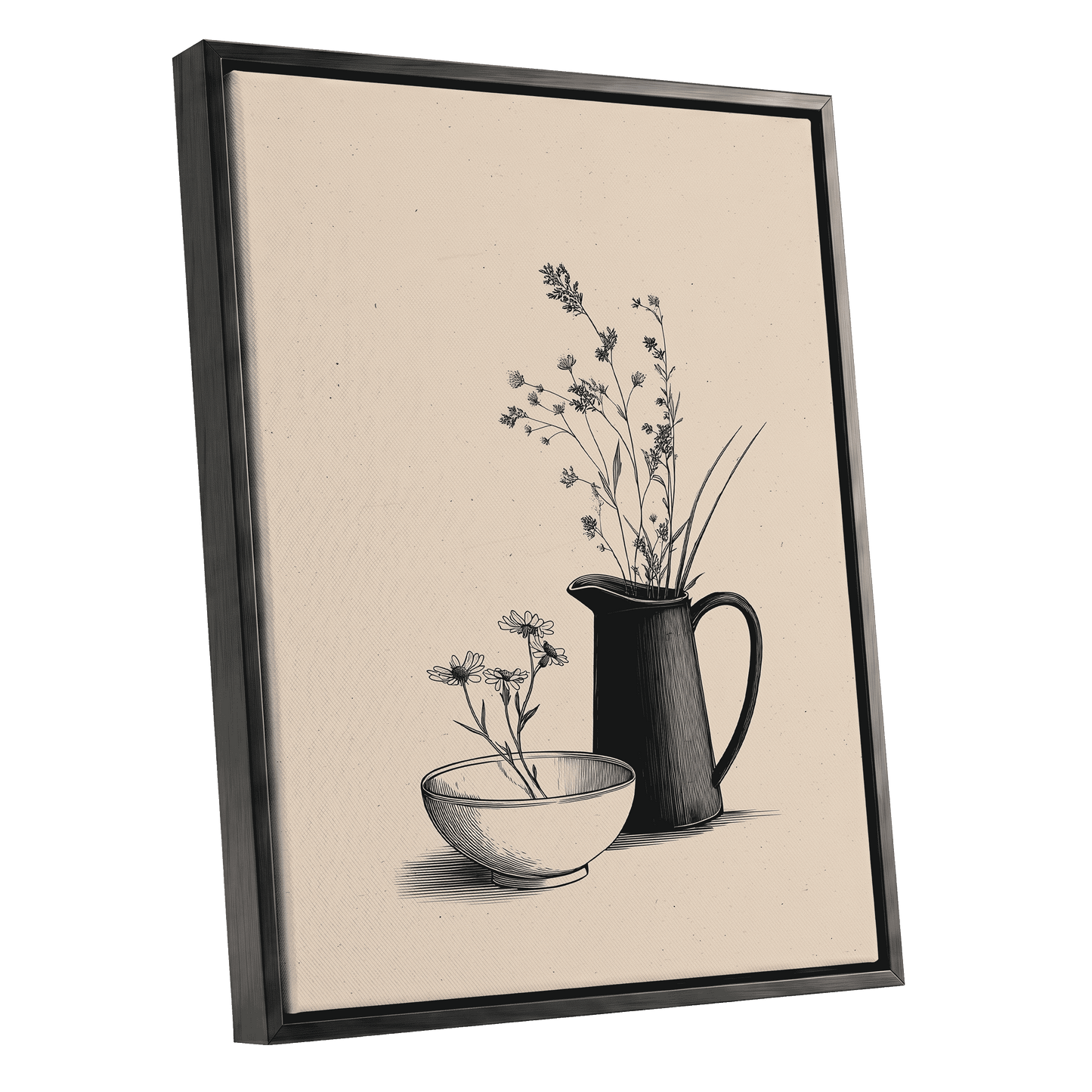Quiet Meadow Table, black, beige, brown floral wall art shown as a black framed canvas wall art