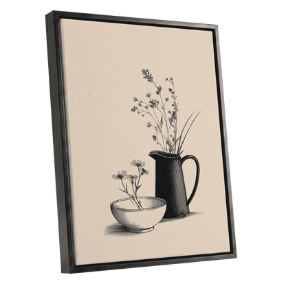 Quiet Meadow Table, black, beige, brown floral wall art shown as a black framed canvas wall art