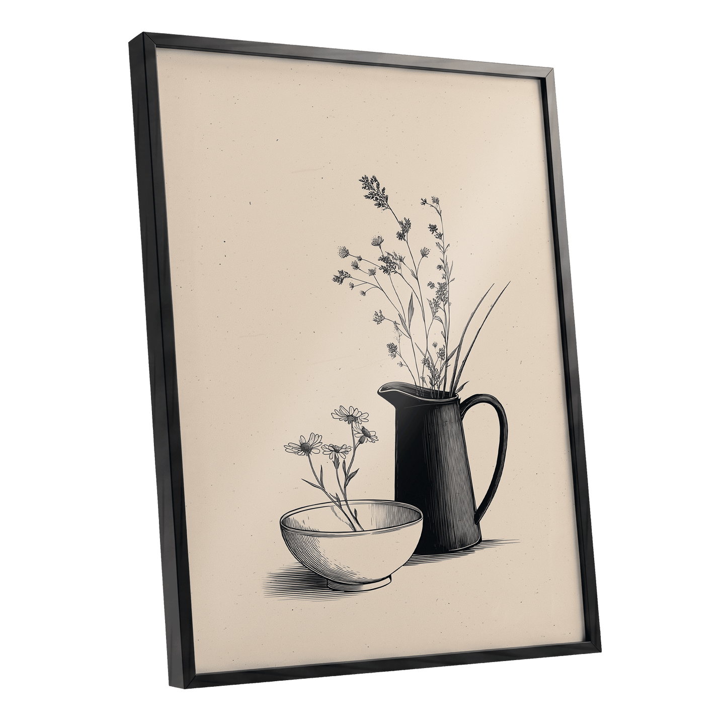 Quiet Meadow Table, black, beige, brown floral wall art shown as a black framed poster wall art print