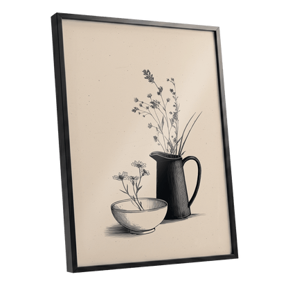 Quiet Meadow Table, black, beige, brown floral wall art shown as a black framed poster wall art print
