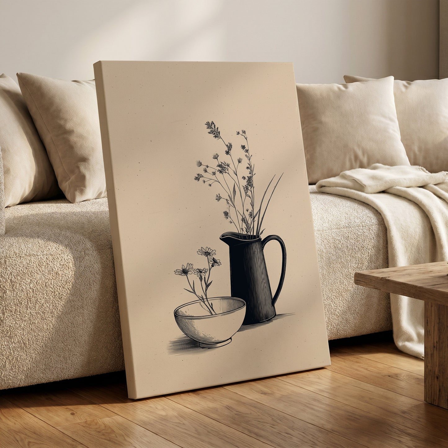 Quiet Meadow Table, black, beige, brown floral wall art on canvas displayed in a styled interior, gallery view 1