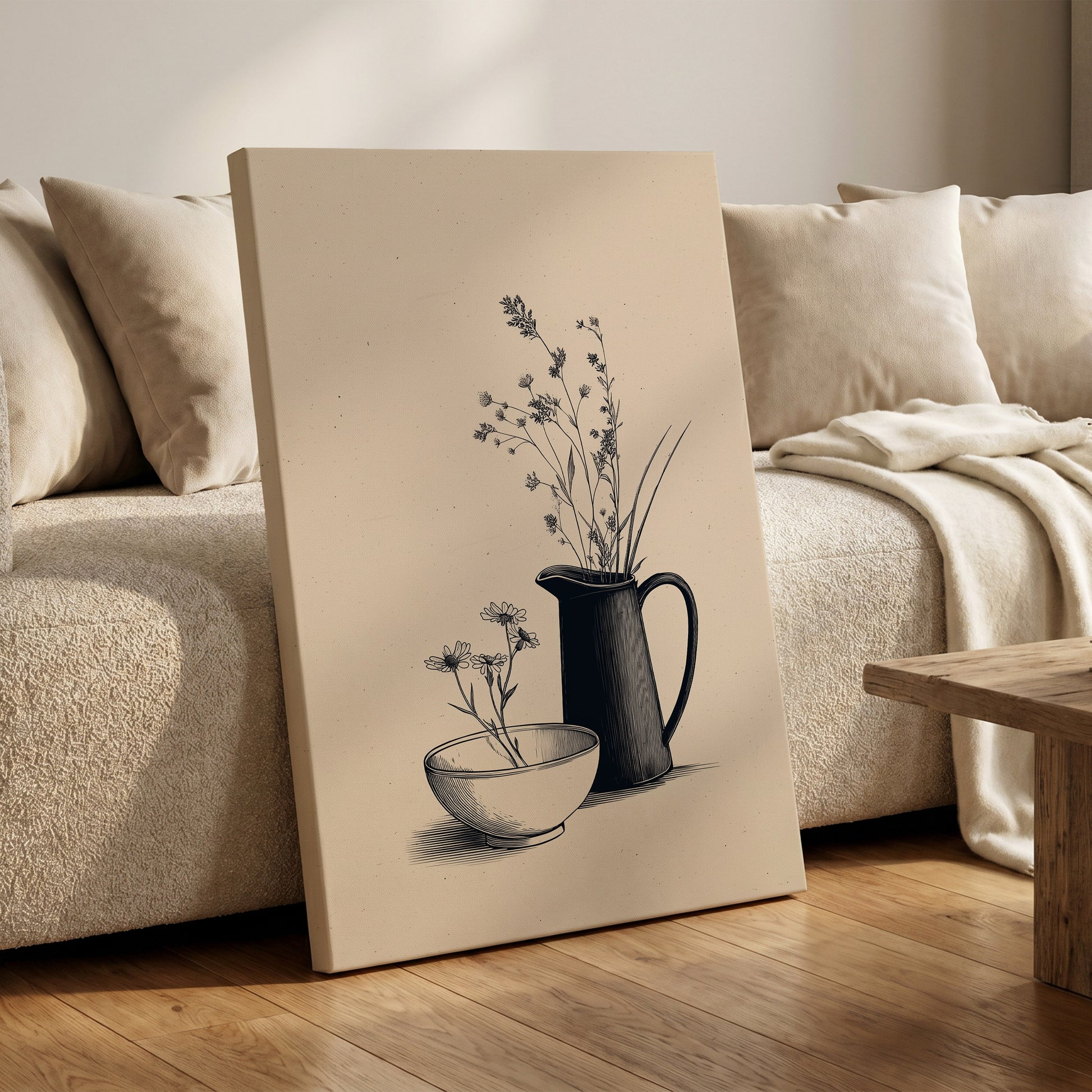 Quiet Meadow Table, black, beige, brown floral wall art on canvas displayed in a styled interior, gallery view 1
