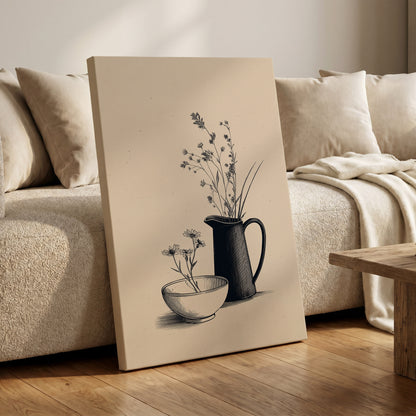 Quiet Meadow Table, black, beige, brown floral wall art on canvas displayed in a styled interior, gallery view 1
