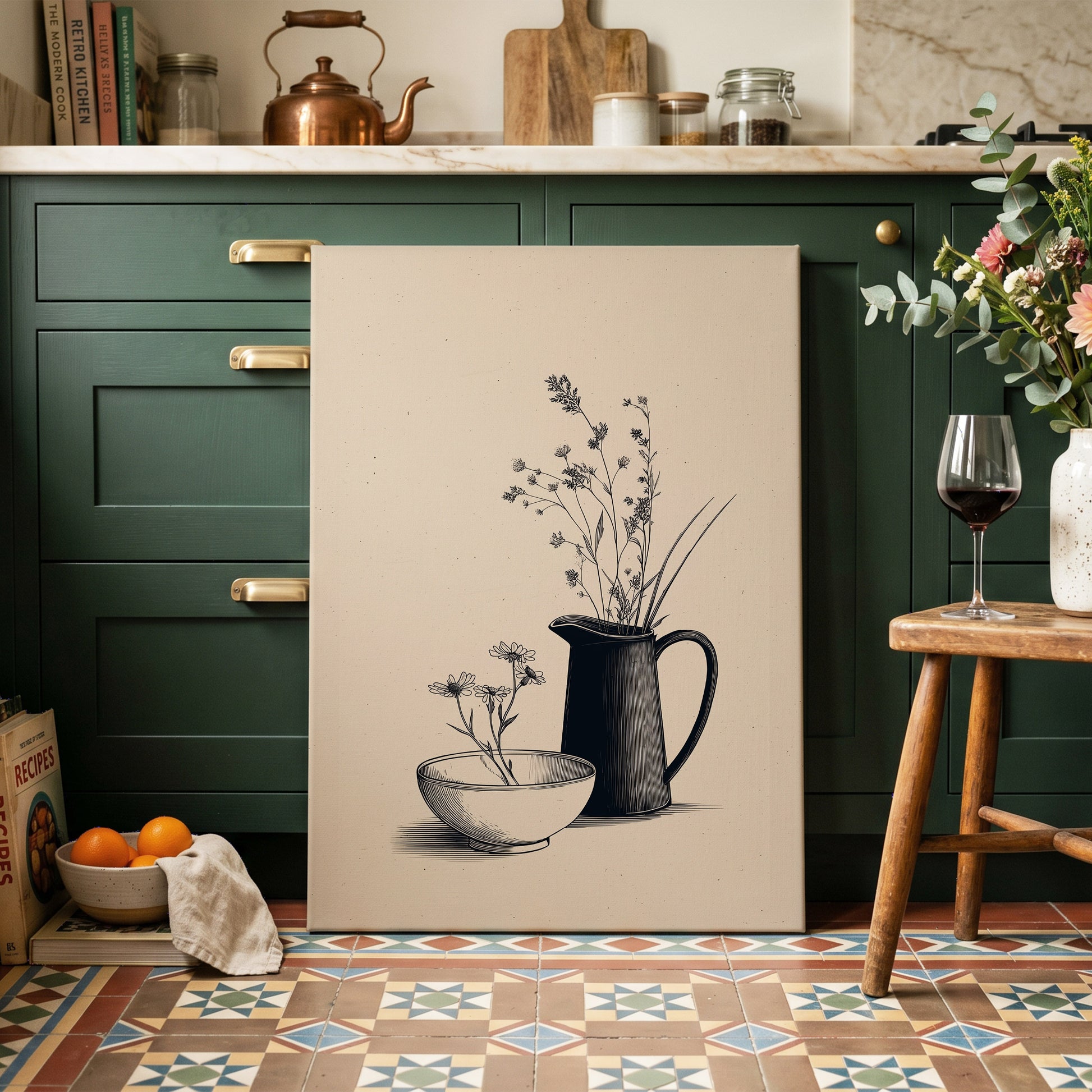 Quiet Meadow Table, black, beige, brown floral wall art on canvas displayed in a styled interior, gallery view 2