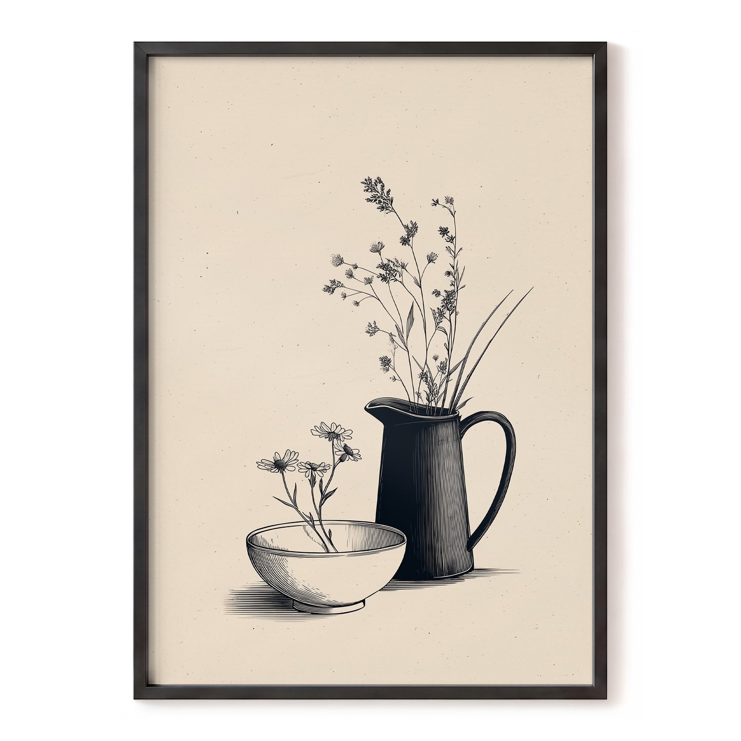 Quiet Meadow Table, black, beige, brown floral wall art, front artwork view