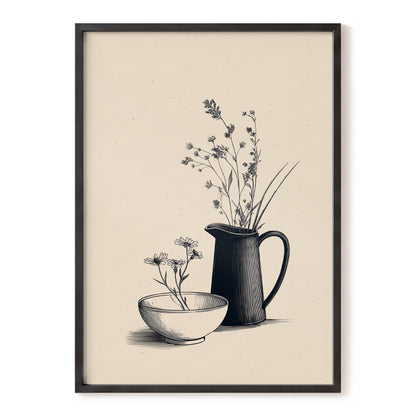 Quiet Meadow Table, black, beige, brown floral wall art, front artwork view