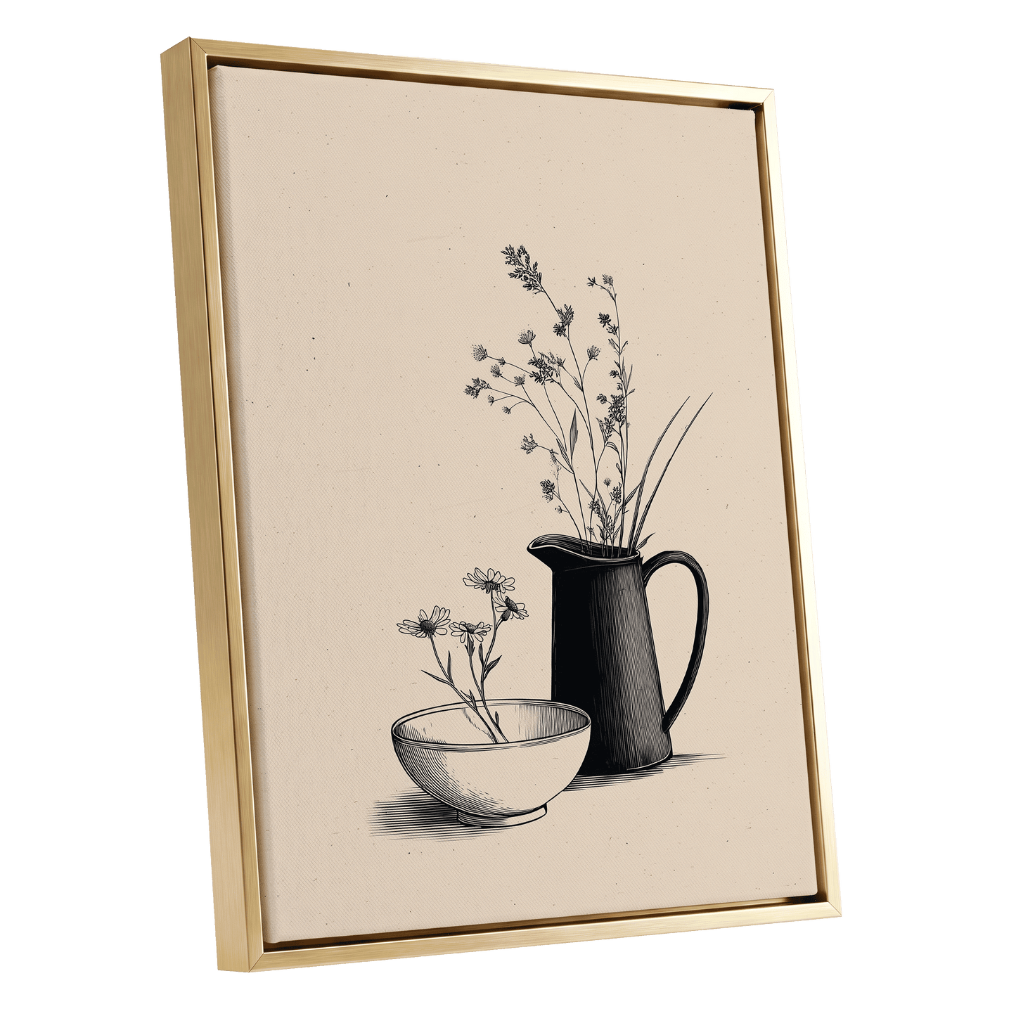 Quiet Meadow Table, black, beige, brown floral wall art shown as a gold framed canvas wall art