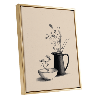 Quiet Meadow Table, black, beige, brown floral wall art shown as a gold framed canvas wall art