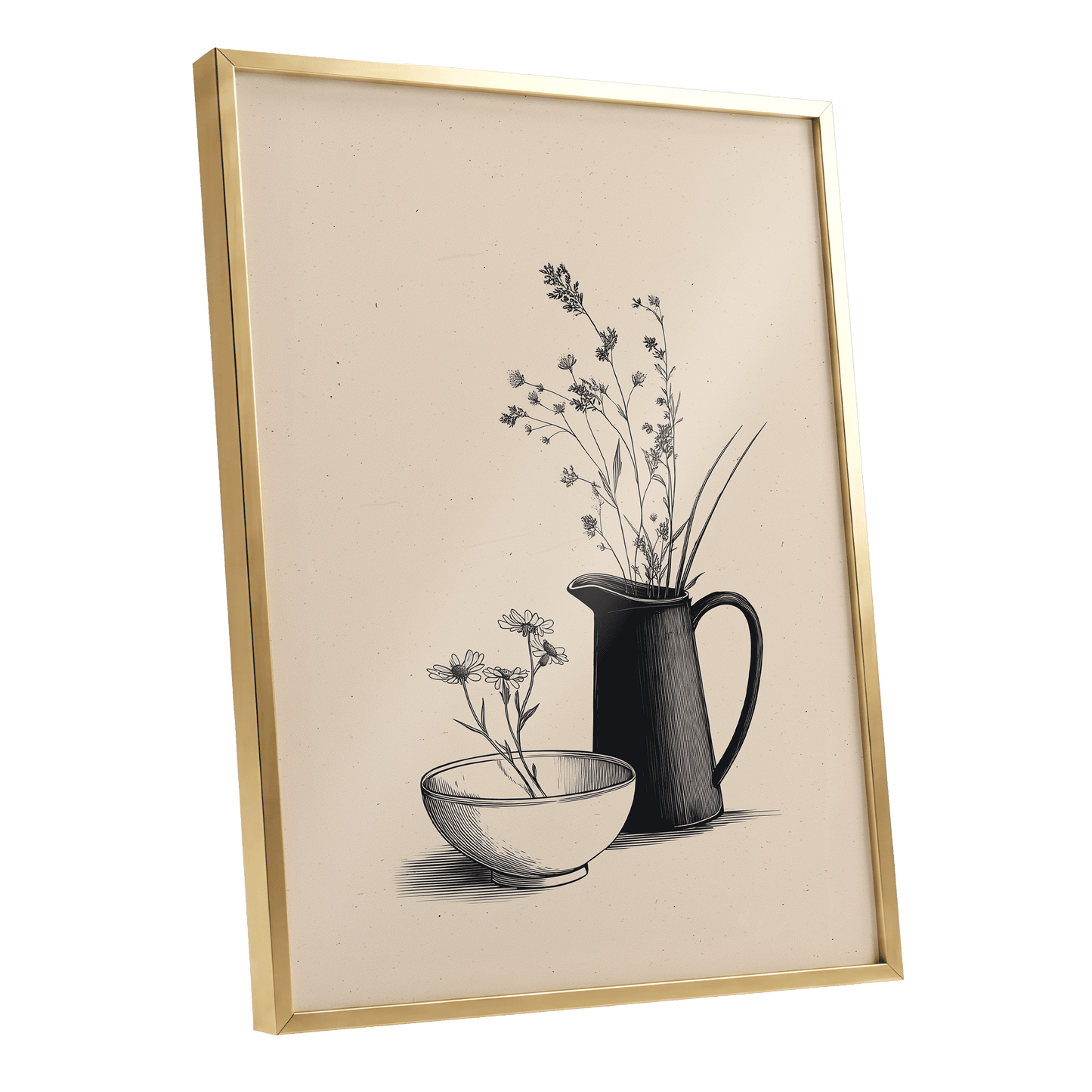 Quiet Meadow Table, black, beige, brown floral wall art shown as a gold framed poster wall art print
