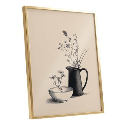 Quiet Meadow Table, black, beige, brown floral wall art shown as a gold framed poster wall art print