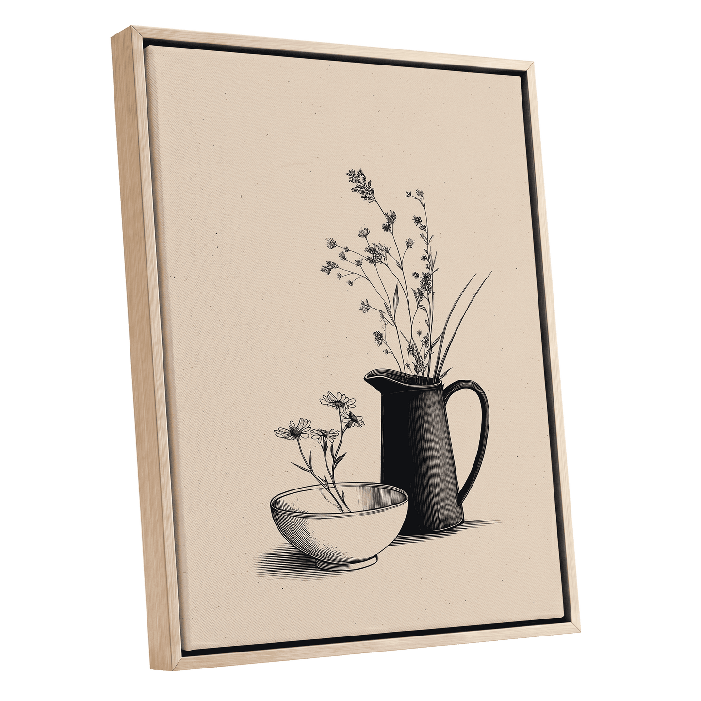 Quiet Meadow Table, black, beige, brown floral wall art shown as a oak framed canvas wall art