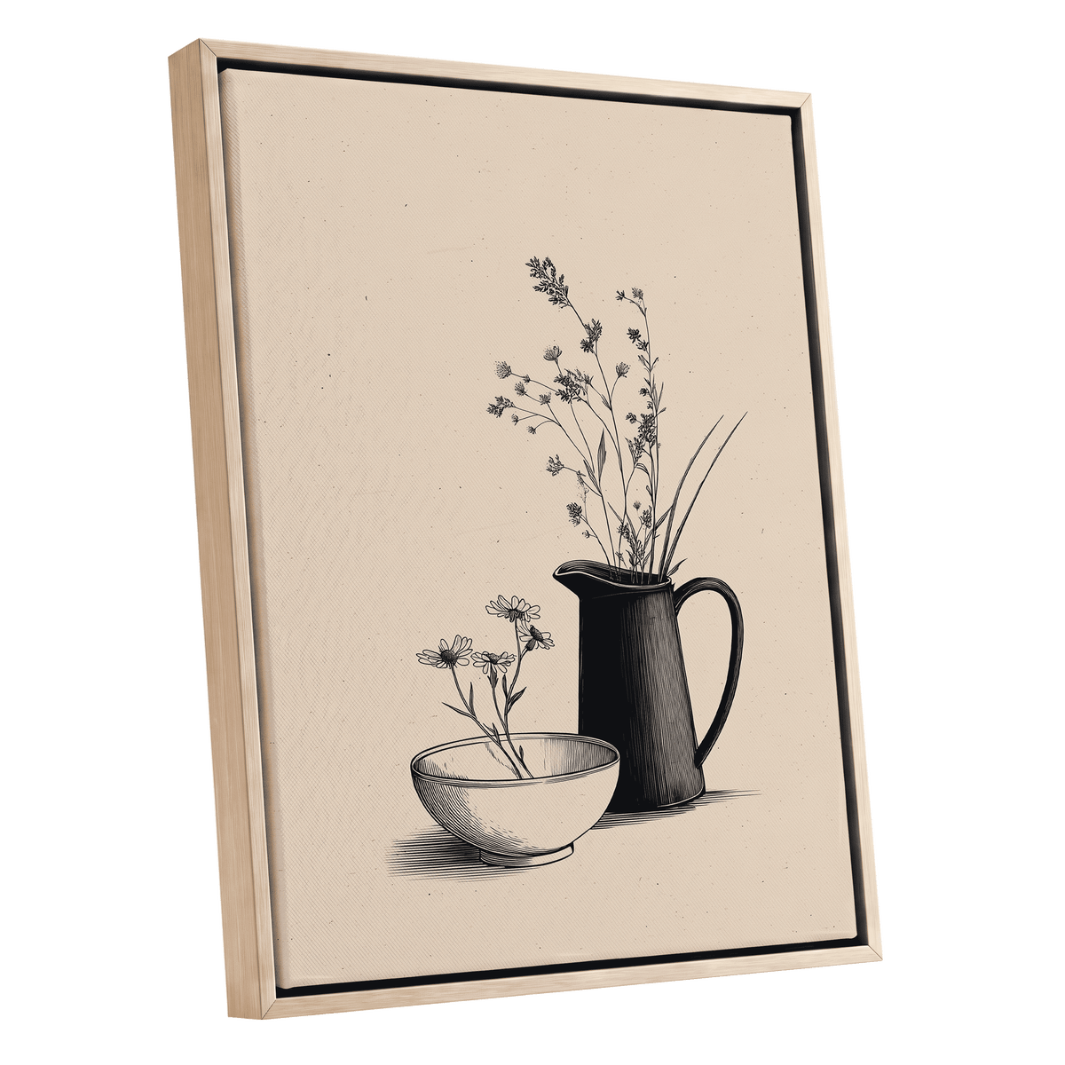 Quiet Meadow Table, black, beige, brown floral wall art shown as a oak framed canvas wall art