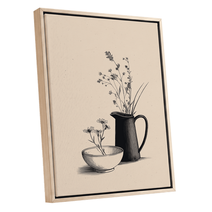 Quiet Meadow Table, black, beige, brown floral wall art shown as a oak framed canvas wall art
