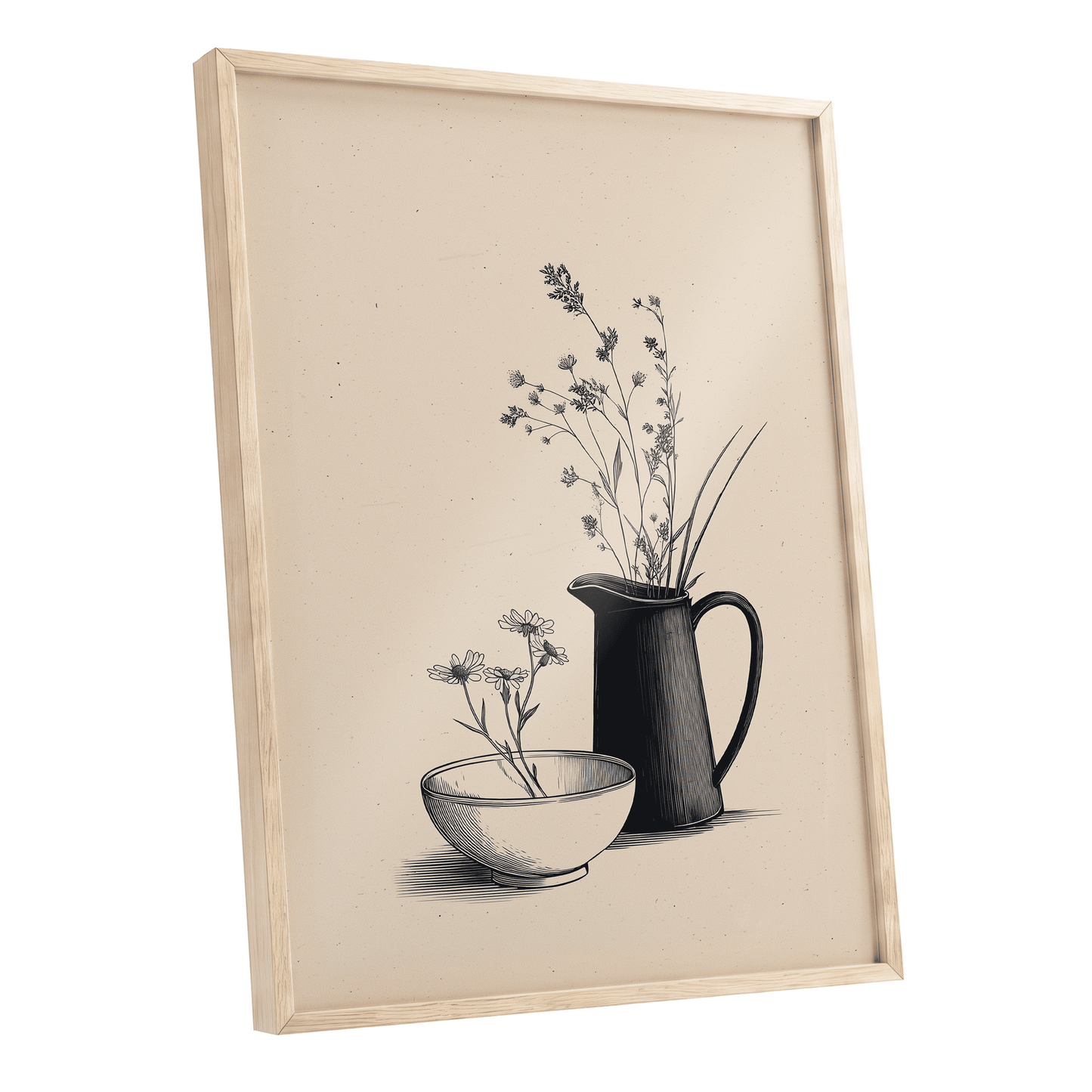 Quiet Meadow Table, black, beige, brown floral wall art shown as a oak framed poster wall art print