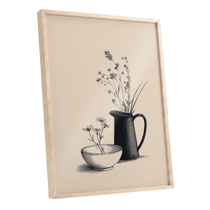 Quiet Meadow Table, black, beige, brown floral wall art shown as a oak framed poster wall art print