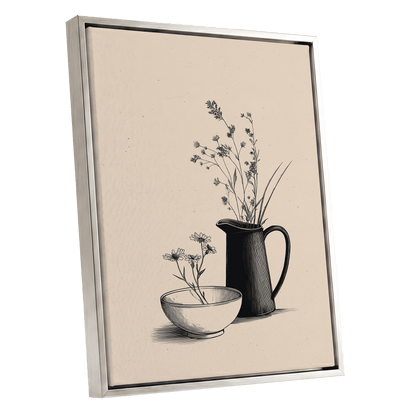 Quiet Meadow Table, black, beige, brown floral wall art shown as a silver framed canvas wall art