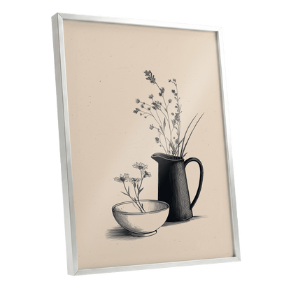 Quiet Meadow Table, black, beige, brown floral wall art shown as a silver framed poster wall art print