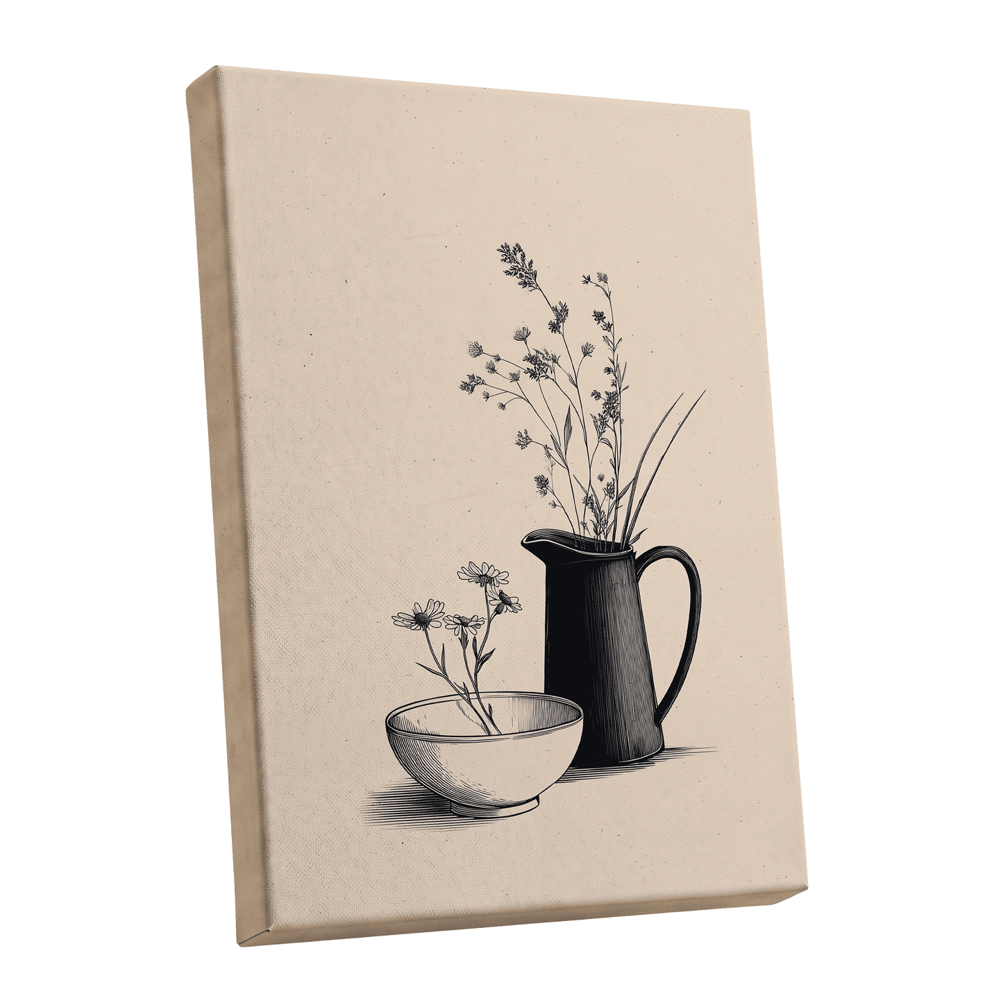 Quiet Meadow Table, black, beige, brown floral wall art shown as a stretched canvas wall art