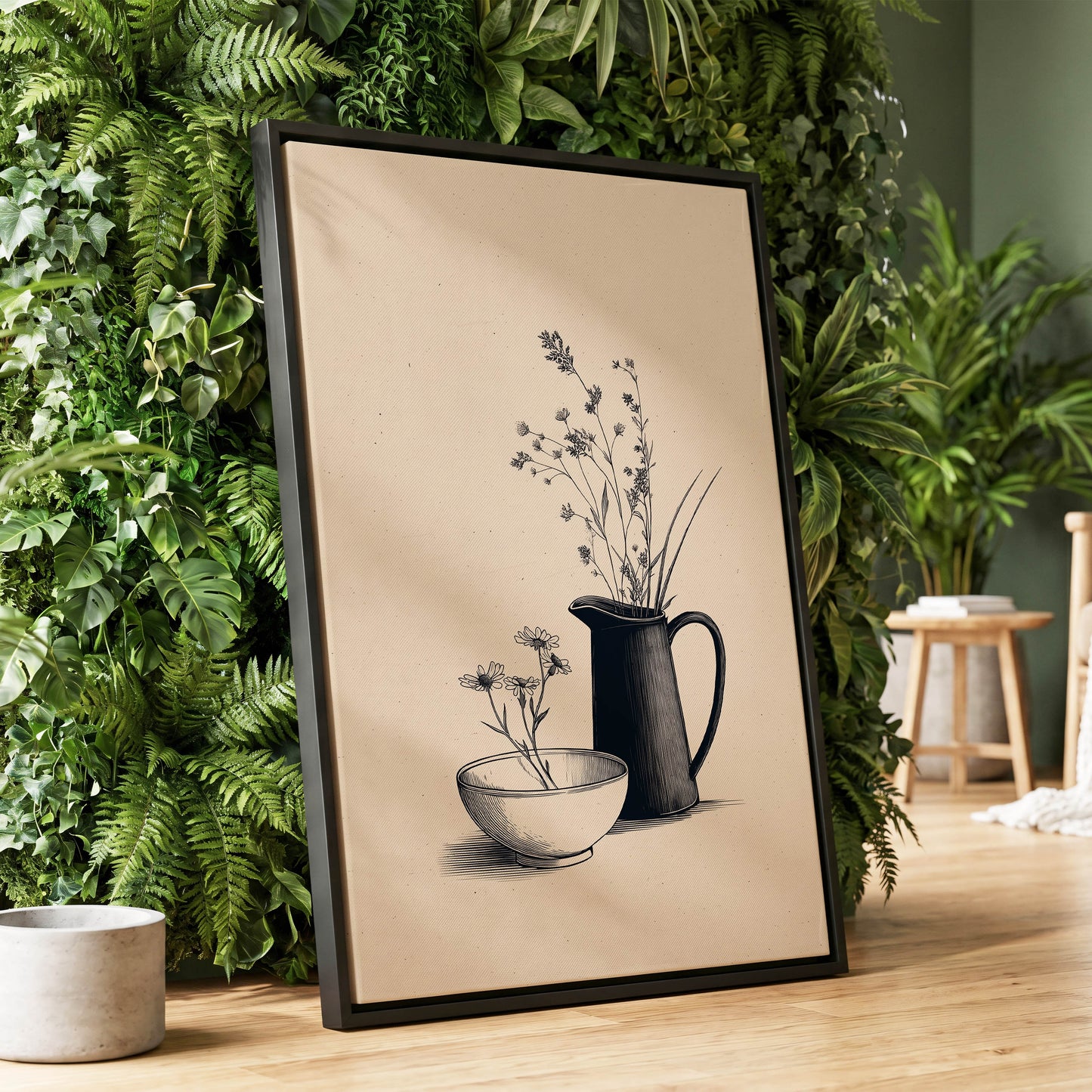 Quiet Meadow Table, black, beige, brown floral wall art displayed in a styled interior, gallery view 1