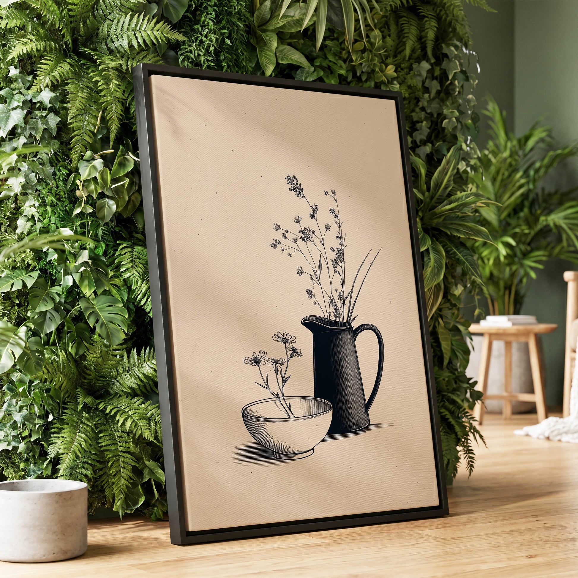 Quiet Meadow Table, black, beige, brown floral wall art displayed in a styled interior, gallery view 1