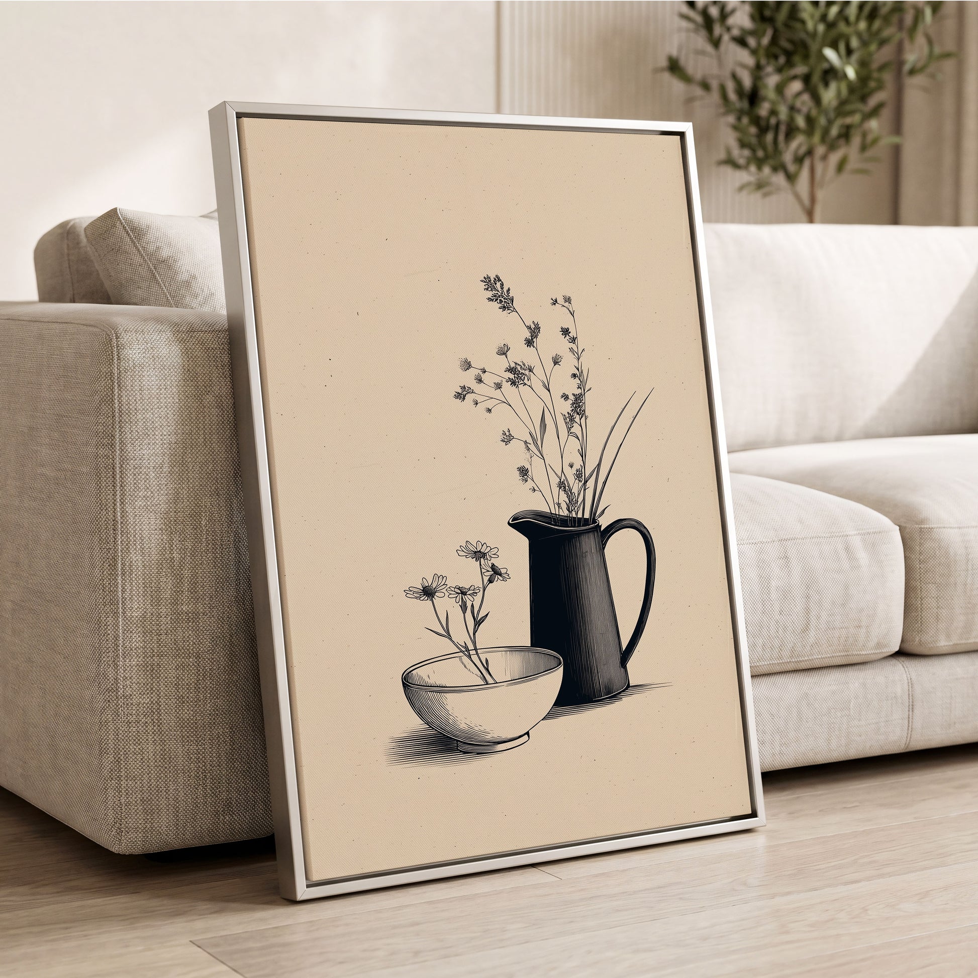 Quiet Meadow Table, black, beige, brown floral wall art displayed in a styled interior, gallery view 2